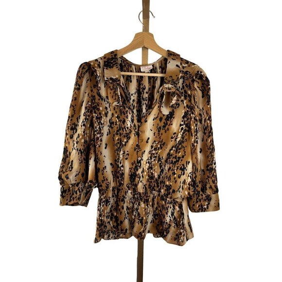 Parker Animal Print Speckled Abstract 100% Silk V-Neck Peplum Blouse EUC SZ M - Picture 1 of 9